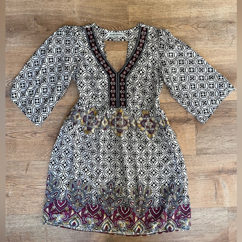 Almost Famous Boho Mini Dress Small | Embroidered V-Neck Folk Print